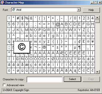 Windows 2000 Character Map